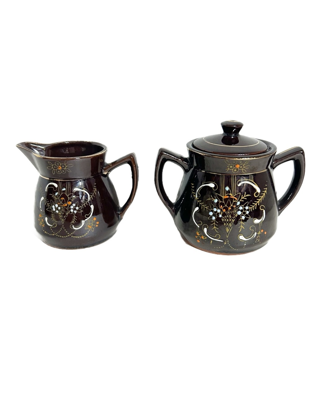 Vintage Dark Brown Gloss Ceramic Sugar Creamer Set Mid-Century Floral Coffee Bar